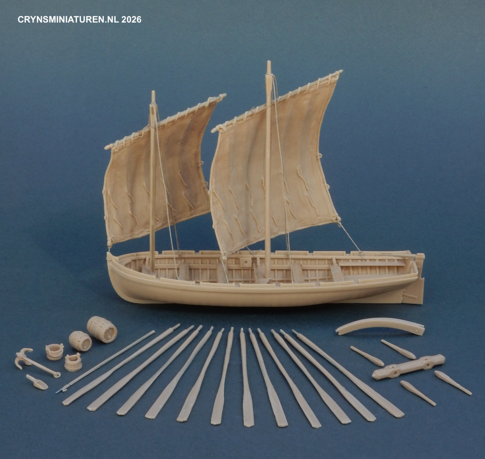 launch 6 banked 26ft 12 oared scale 1:72 scale 1/72 two masts lug rigged two sails Crynsminiaturen resin cast steel rod reinforced handmade model kit 